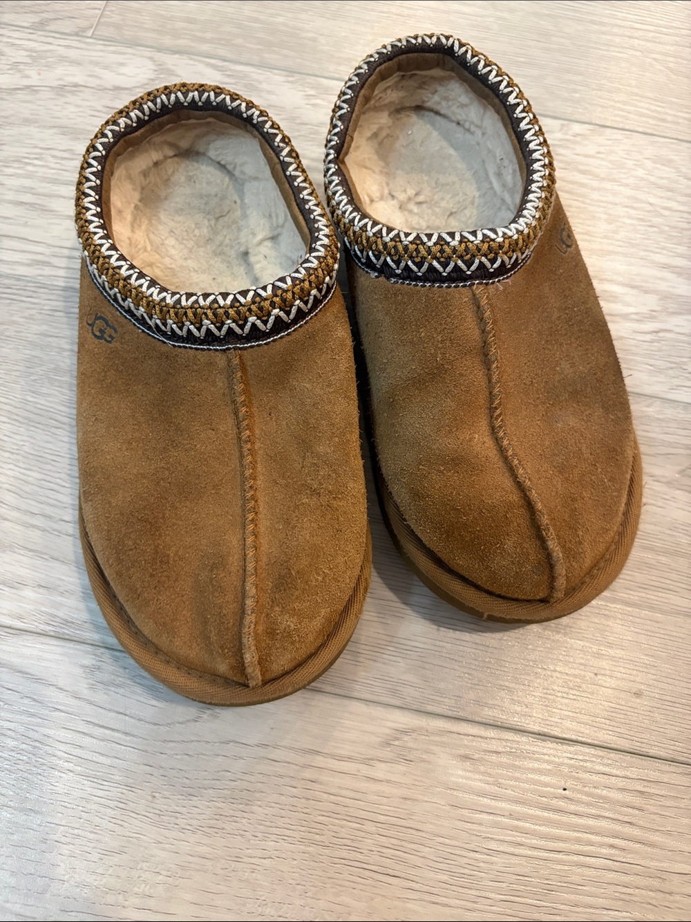 UGG Chestnut Suede Slip-On Slippers with Shearling Trim